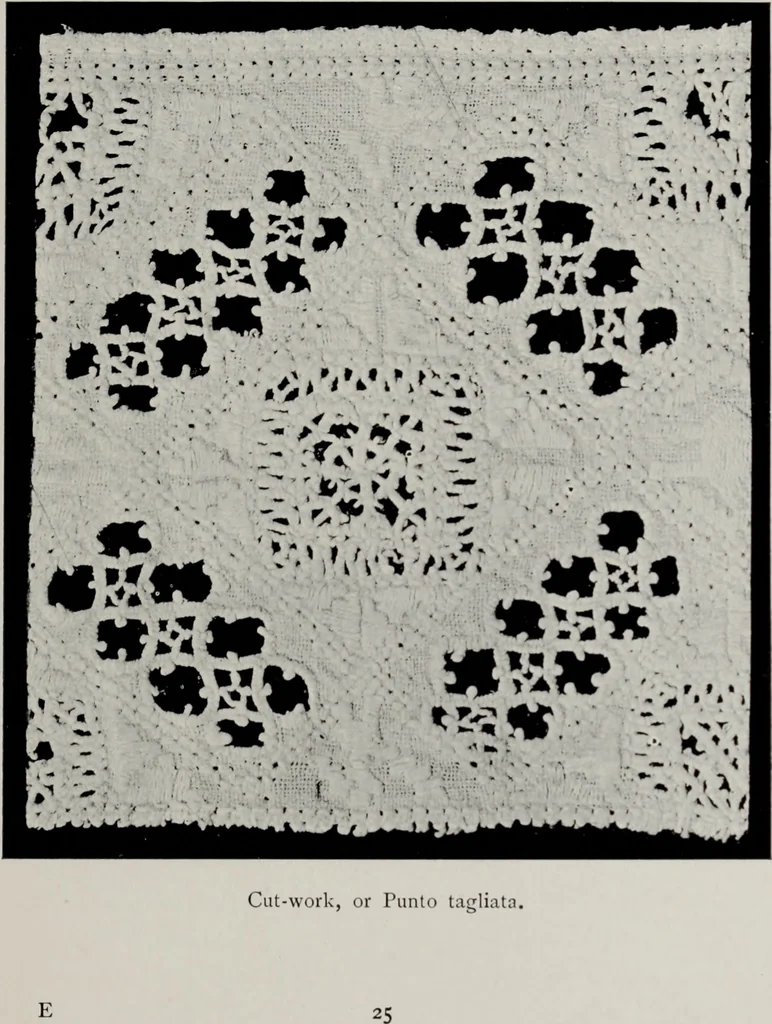 An illustration from Point and pillow lace; a short account of various kinds, ancient and modern, and how to recognise them, 1905, leaf 46