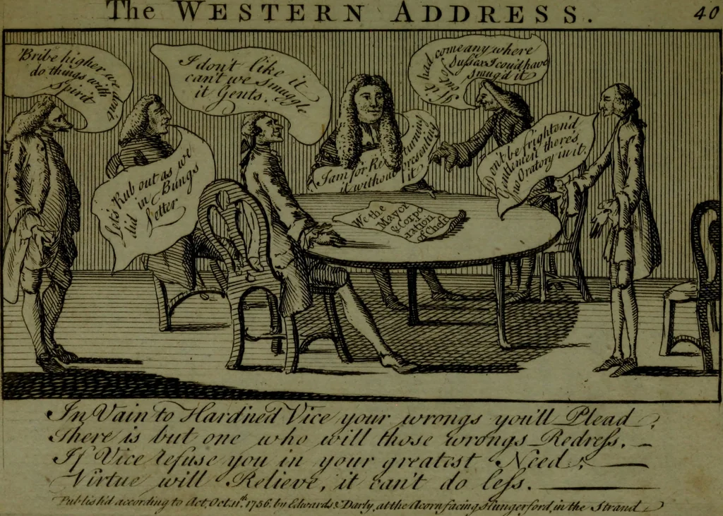 An illustration from A political and satirical history of the years 1756 and 1757 : in a series of seventy-five humorous and entertaining prints, containing all the most remarkable transactions, characters and caricaturas of those two memorable years, to which is annexed, an explanatory account or key to every print, which renders the whole full and significant, 1758, leaf 102