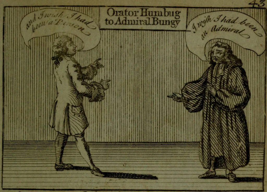 An illustration from A political and satirical history of the years 1756 and 1757 : in a series of seventy-five humorous and entertaining prints, containing all the most remarkable transactions, characters and caricaturas of those two memorable years, to which is annexed, an explanatory account or key to every print, which renders the whole full and significant, 1758, leaf 106