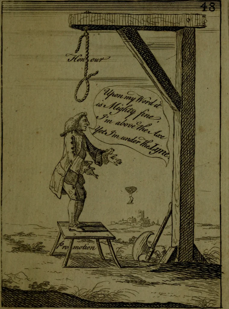 An illustration from A political and satirical history of the years 1756 and 1757 : in a series of seventy-five humorous and entertaining prints, containing all the most remarkable transactions, characters and caricaturas of those two memorable years, to which is annexed, an explanatory account or key to every print, which renders the whole full and significant, 1758, leaf 116