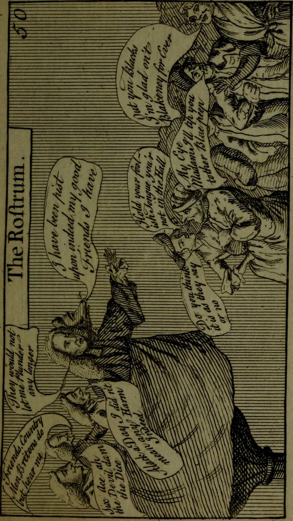 An illustration from A political and satirical history of the years 1756 and 1757 : in a series of seventy-five humorous and entertaining prints, containing all the most remarkable transactions, characters and caricaturas of those two memorable years, to which is annexed, an explanatory account or key to every print, which renders the whole full and significant, 1758, leaf 120