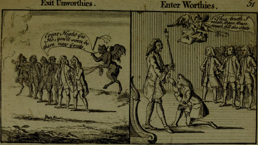 An illustration from A political and satirical history of the years 1756 and 1757 : in a series of seventy-five humorous and entertaining prints, containing all the most remarkable transactions, characters and caricaturas of those two memorable years, to which is annexed, an explanatory account or key to every print, which renders the whole full and significant, 1758, leaf 122
