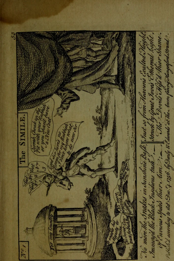 An illustration from A political and satirical history of the years 1756 and 1757 : in a series of seventy-five humorous and entertaining prints, containing all the most remarkable transactions, characters and caricaturas of those two memorable years, to which is annexed, an explanatory account or key to every print, which renders the whole full and significant, 1758, leaf 126