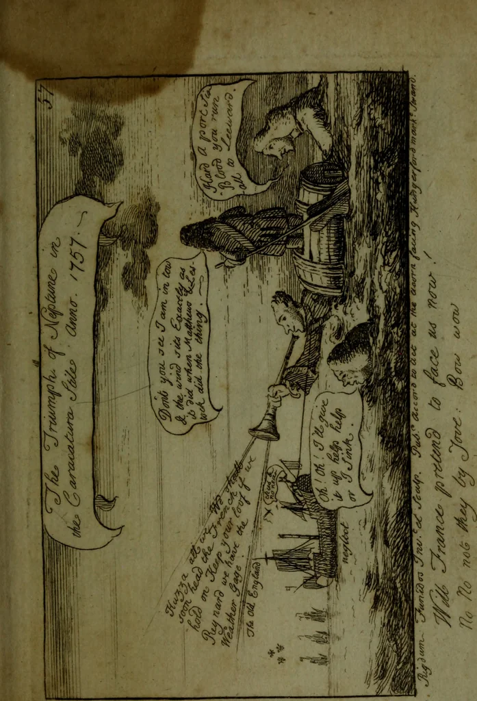 An illustration from A political and satirical history of the years 1756 and 1757 : in a series of seventy-five humorous and entertaining prints, containing all the most remarkable transactions, characters and caricaturas of those two memorable years, to which is annexed, an explanatory account or key to every print, which renders the whole full and significant, 1758, leaf 134