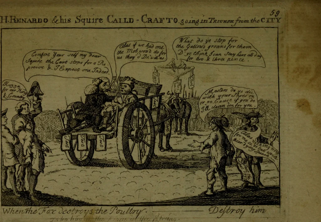 An illustration from A political and satirical history of the years 1756 and 1757 : in a series of seventy-five humorous and entertaining prints, containing all the most remarkable transactions, characters and caricaturas of those two memorable years, to which is annexed, an explanatory account or key to every print, which renders the whole full and significant, 1758, leaf 138