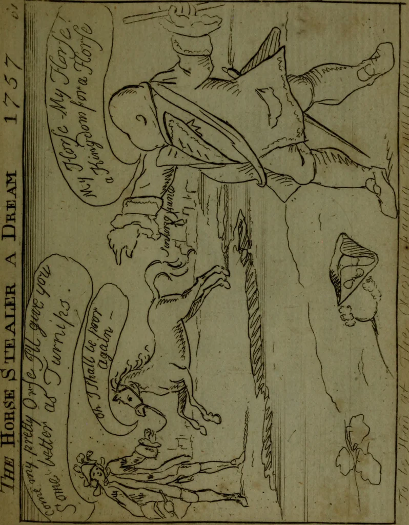 An illustration from A political and satirical history of the years 1756 and 1757 : in a series of seventy-five humorous and entertaining prints, containing all the most remarkable transactions, characters and caricaturas of those two memorable years, to which is annexed, an explanatory account or key to every print, which renders the whole full and significant, 1758, leaf 142