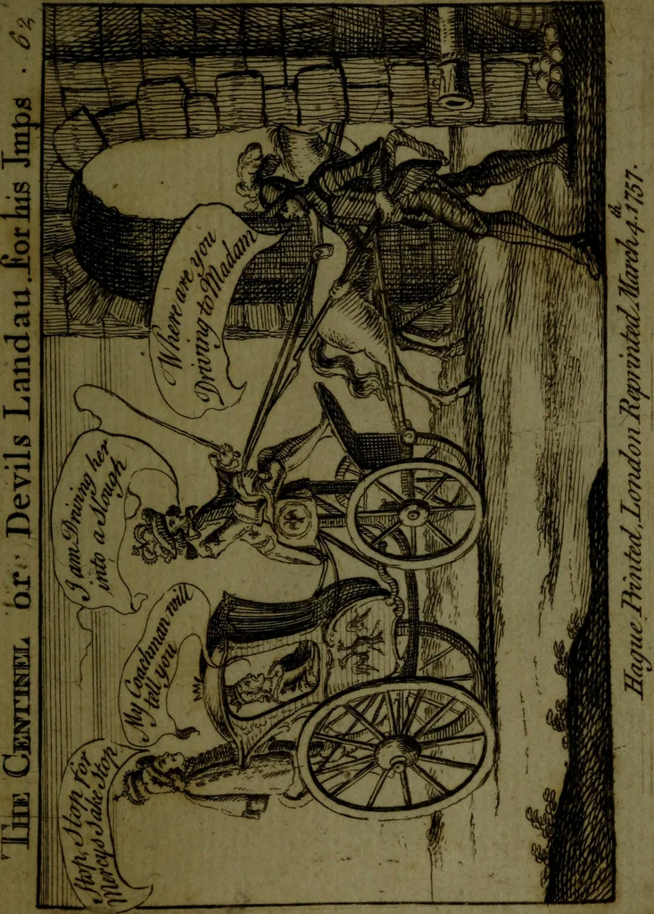 An illustration from A political and satirical history of the years 1756 and 1757 : in a series of seventy-five humorous and entertaining prints, containing all the most remarkable transactions, characters and caricaturas of those two memorable years, to which is annexed, an explanatory account or key to every print, which renders the whole full and significant, 1758, leaf 144