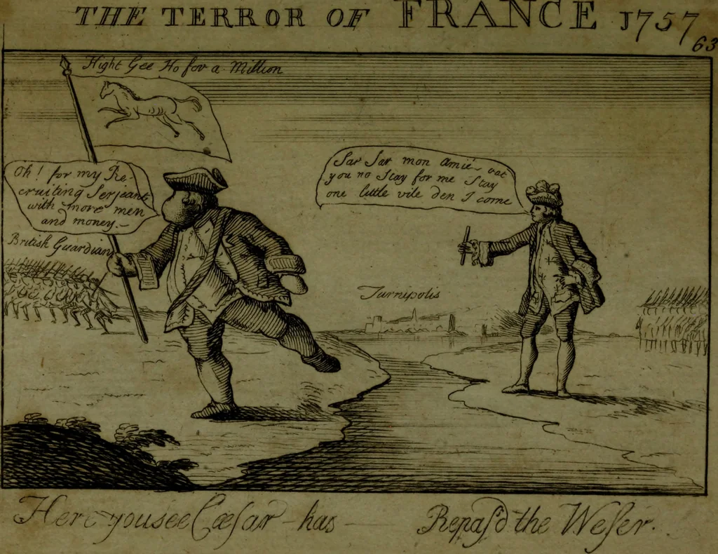 An illustration from A political and satirical history of the years 1756 and 1757 : in a series of seventy-five humorous and entertaining prints, containing all the most remarkable transactions, characters and caricaturas of those two memorable years, to which is annexed, an explanatory account or key to every print, which renders the whole full and significant, 1758, leaf 146