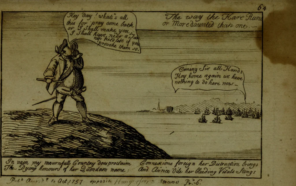 An illustration from A political and satirical history of the years 1756 and 1757 : in a series of seventy-five humorous and entertaining prints, containing all the most remarkable transactions, characters and caricaturas of those two memorable years, to which is annexed, an explanatory account or key to every print, which renders the whole full and significant, 1758, leaf 148