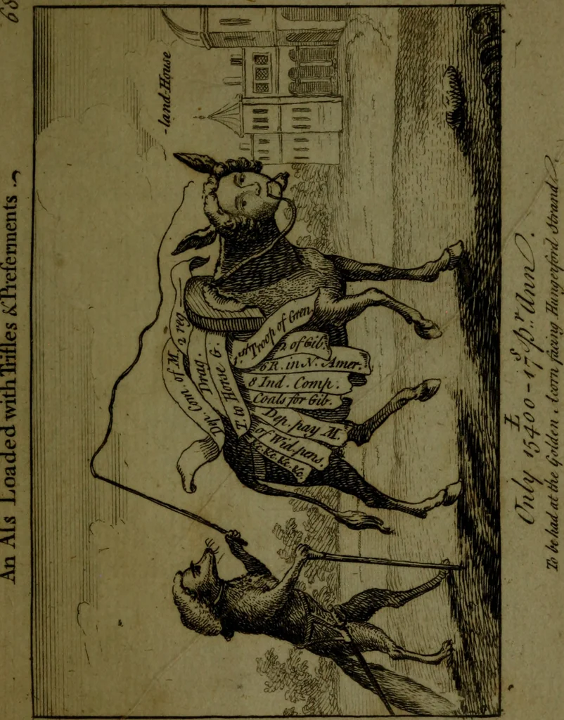 An illustration from A political and satirical history of the years 1756 and 1757 : in a series of seventy-five humorous and entertaining prints, containing all the most remarkable transactions, characters and caricaturas of those two memorable years, to which is annexed, an explanatory account or key to every print, which renders the whole full and significant, 1758, leaf 156