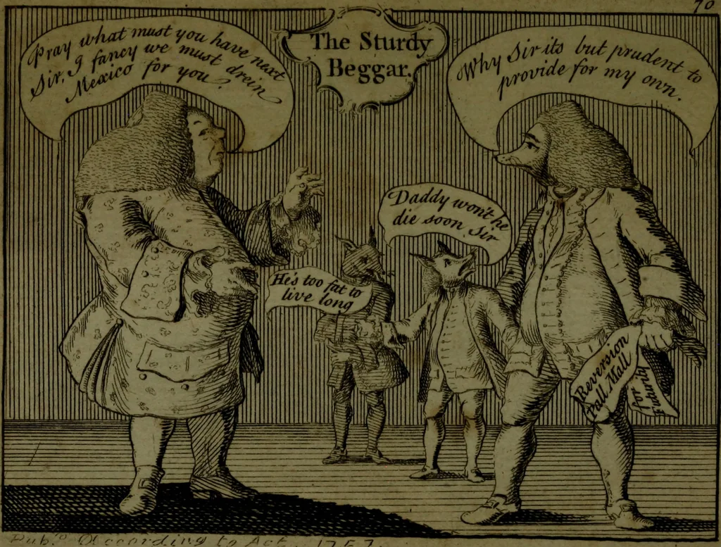 An illustration from A political and satirical history of the years 1756 and 1757 : in a series of seventy-five humorous and entertaining prints, containing all the most remarkable transactions, characters and caricaturas of those two memorable years, to which is annexed, an explanatory account or key to every print, which renders the whole full and significant, 1758, leaf 160