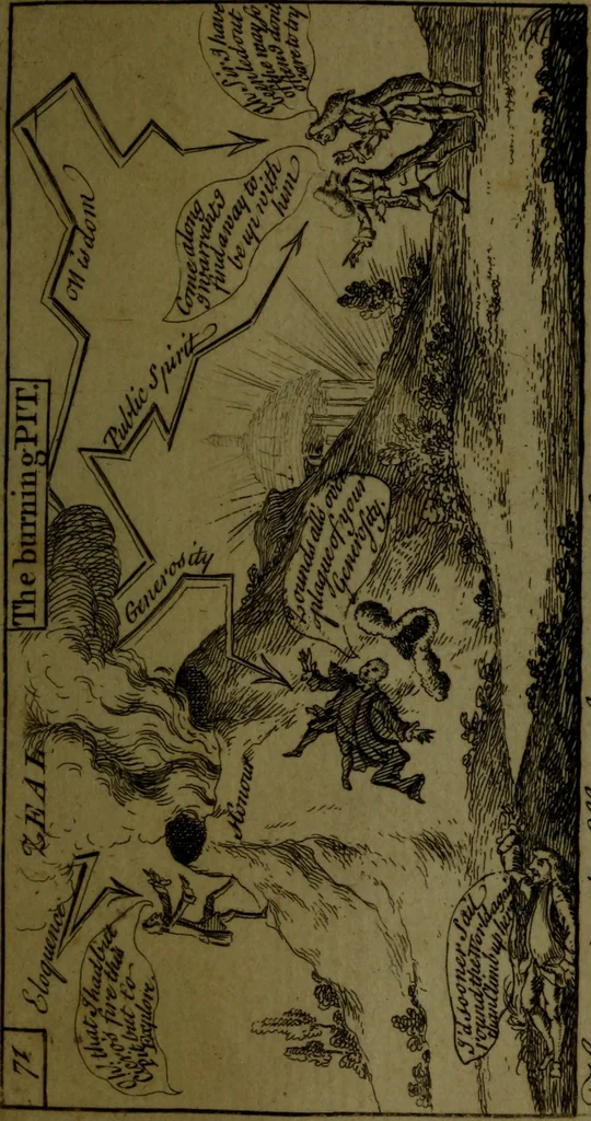 An illustration from A political and satirical history of the years 1756 and 1757 : in a series of seventy-five humorous and entertaining prints, containing all the most remarkable transactions, characters and caricaturas of those two memorable years, to which is annexed, an explanatory account or key to every print, which renders the whole full and significant, 1758, leaf 162