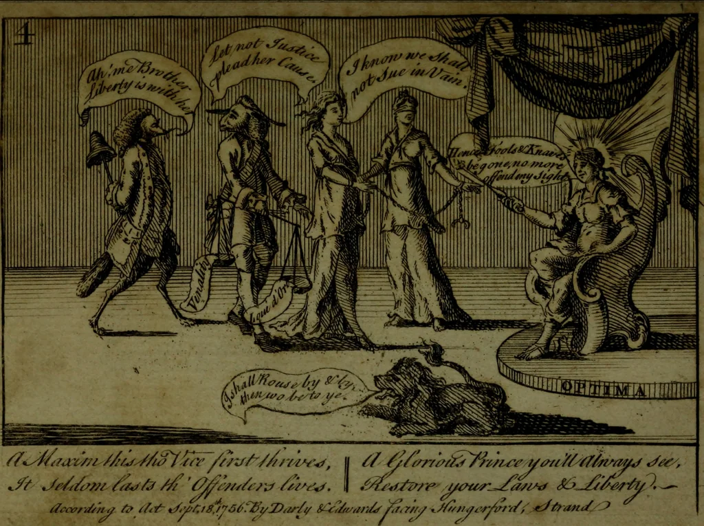 An illustration from A political and satirical history of the years 1756 and 1757 : in a series of seventy-five humorous and entertaining prints, containing all the most remarkable transactions, characters and caricaturas of those two memorable years, to which is annexed, an explanatory account or key to every print, which renders the whole full and significant, 1758, leaf 30