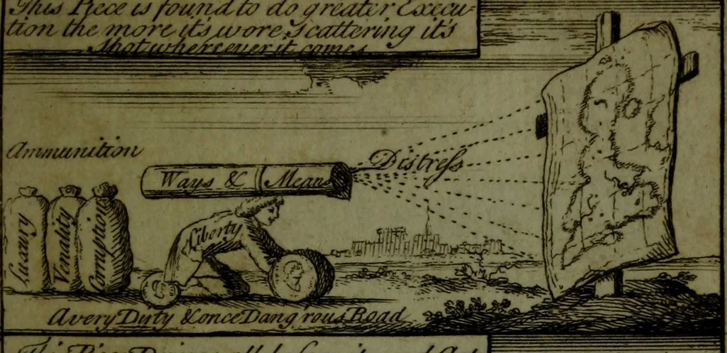 An illustration from A political and satirical history of the years 1756 and 1757 : in a series of seventy-five humorous and entertaining prints, containing all the most remarkable transactions, characters and caricaturas of those two memorable years, to which is annexed, an explanatory account or key to every print, which renders the whole full and significant, 1758, leaf 32