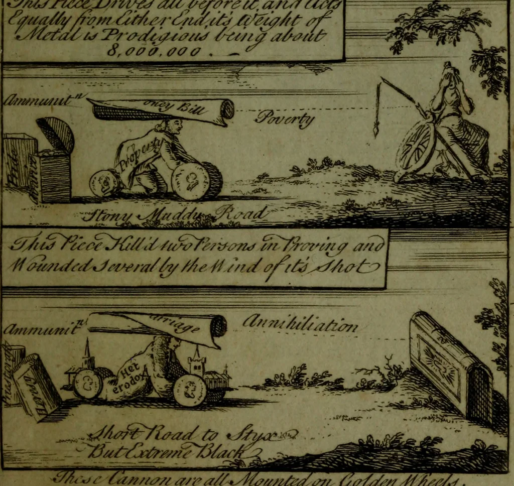 An illustration from A political and satirical history of the years 1756 and 1757 : in a series of seventy-five humorous and entertaining prints, containing all the most remarkable transactions, characters and caricaturas of those two memorable years, to which is annexed, an explanatory account or key to every print, which renders the whole full and significant, 1758, leaf 32