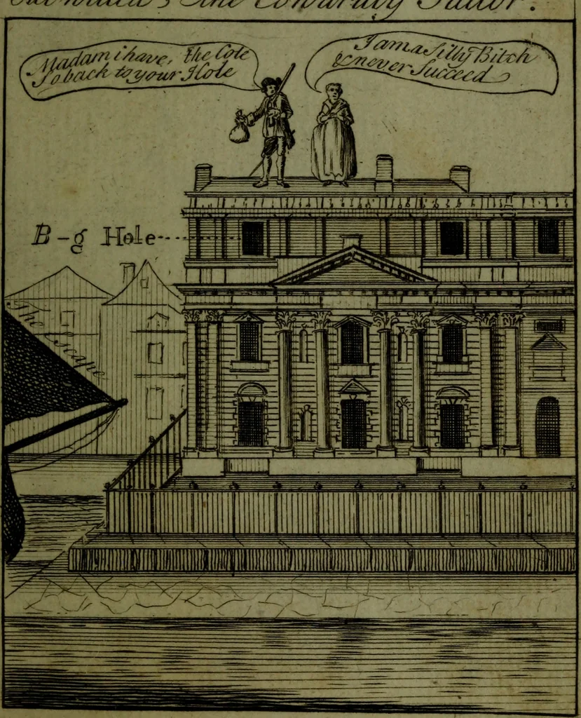 An illustration from A political and satirical history of the years 1756 and 1757 : in a series of seventy-five humorous and entertaining prints, containing all the most remarkable transactions, characters and caricaturas of those two memorable years, to which is annexed, an explanatory account or key to every print, which renders the whole full and significant, 1758, leaf 38
