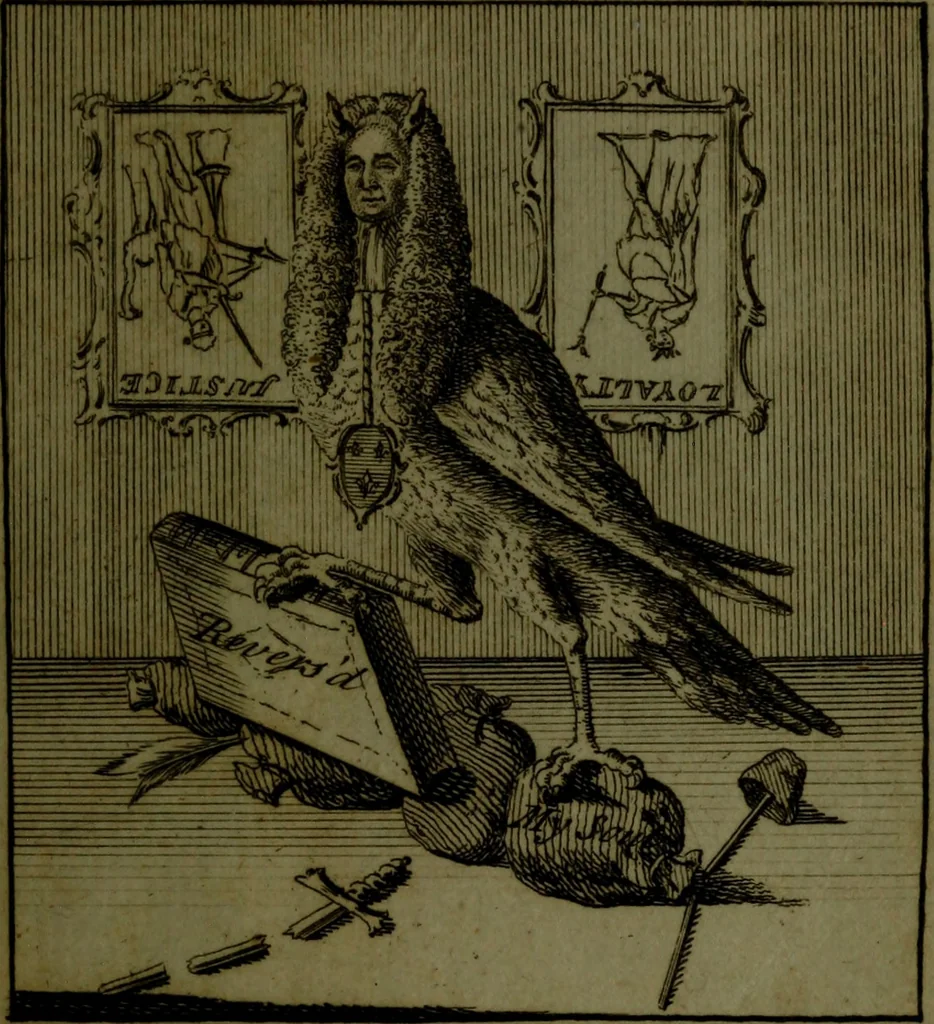 An illustration from A political and satirical history of the years 1756 and 1757 : in a series of seventy-five humorous and entertaining prints, containing all the most remarkable transactions, characters and caricaturas of those two memorable years, to which is annexed, an explanatory account or key to every print, which renders the whole full and significant, 1758, leaf 46