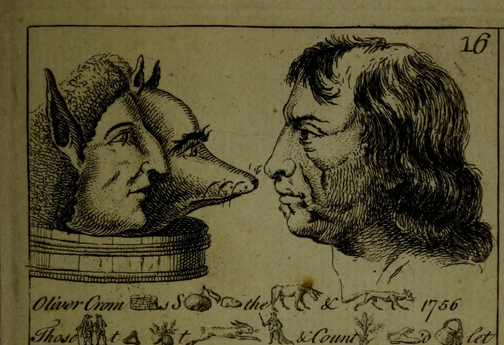 An illustration from A political and satirical history of the years 1756 and 1757 : in a series of seventy-five humorous and entertaining prints, containing all the most remarkable transactions, characters and caricaturas of those two memorable years, to which is annexed, an explanatory account or key to every print, which renders the whole full and significant, 1758, leaf 54