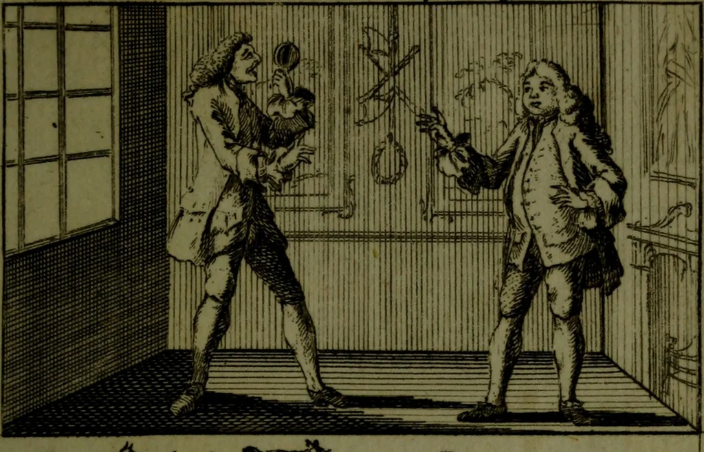 An illustration from A political and satirical history of the years 1756 and 1757 : in a series of seventy-five humorous and entertaining prints, containing all the most remarkable transactions, characters and caricaturas of those two memorable years, to which is annexed, an explanatory account or key to every print, which renders the whole full and significant, 1758, leaf 60