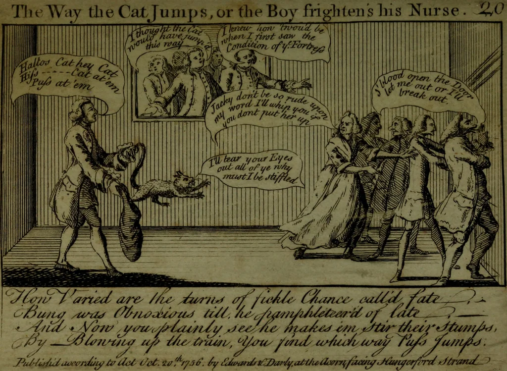 An illustration from A political and satirical history of the years 1756 and 1757 : in a series of seventy-five humorous and entertaining prints, containing all the most remarkable transactions, characters and caricaturas of those two memorable years, to which is annexed, an explanatory account or key to every print, which renders the whole full and significant, 1758, leaf 62