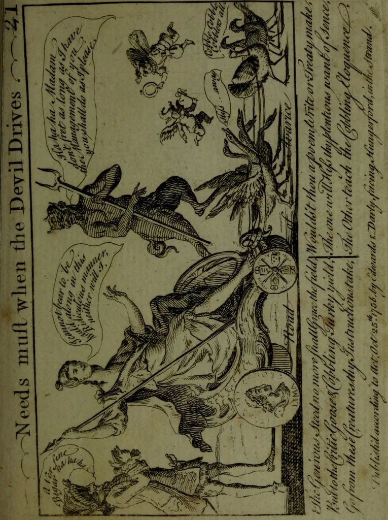 An illustration from A political and satirical history of the years 1756 and 1757 : in a series of seventy-five humorous and entertaining prints, containing all the most remarkable transactions, characters and caricaturas of those two memorable years, to which is annexed, an explanatory account or key to every print, which renders the whole full and significant, 1758, leaf 64