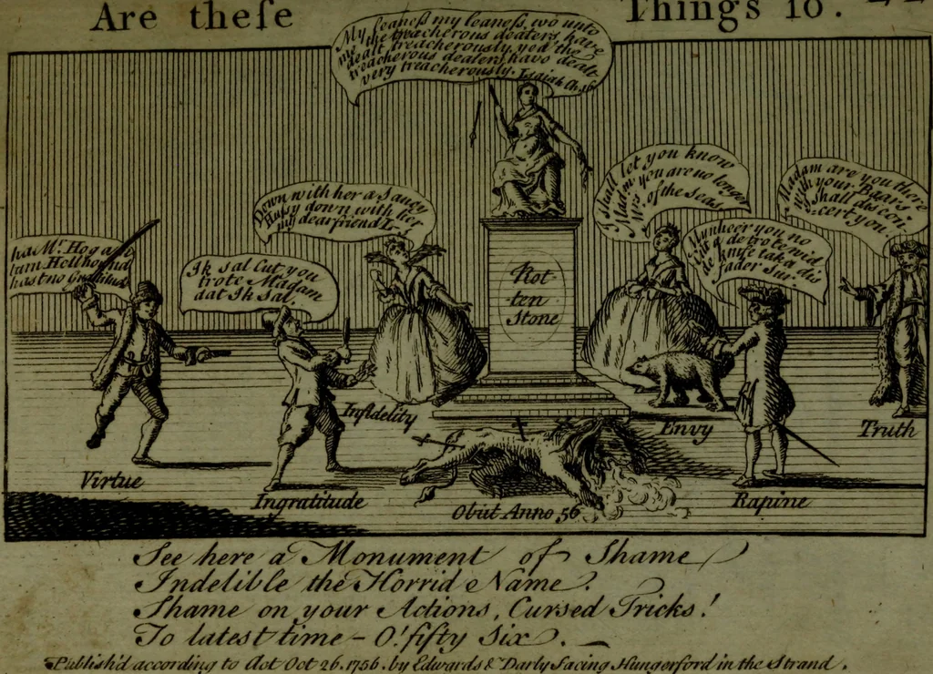 An illustration from A political and satirical history of the years 1756 and 1757 : in a series of seventy-five humorous and entertaining prints, containing all the most remarkable transactions, characters and caricaturas of those two memorable years, to which is annexed, an explanatory account or key to every print, which renders the whole full and significant, 1758, leaf 66