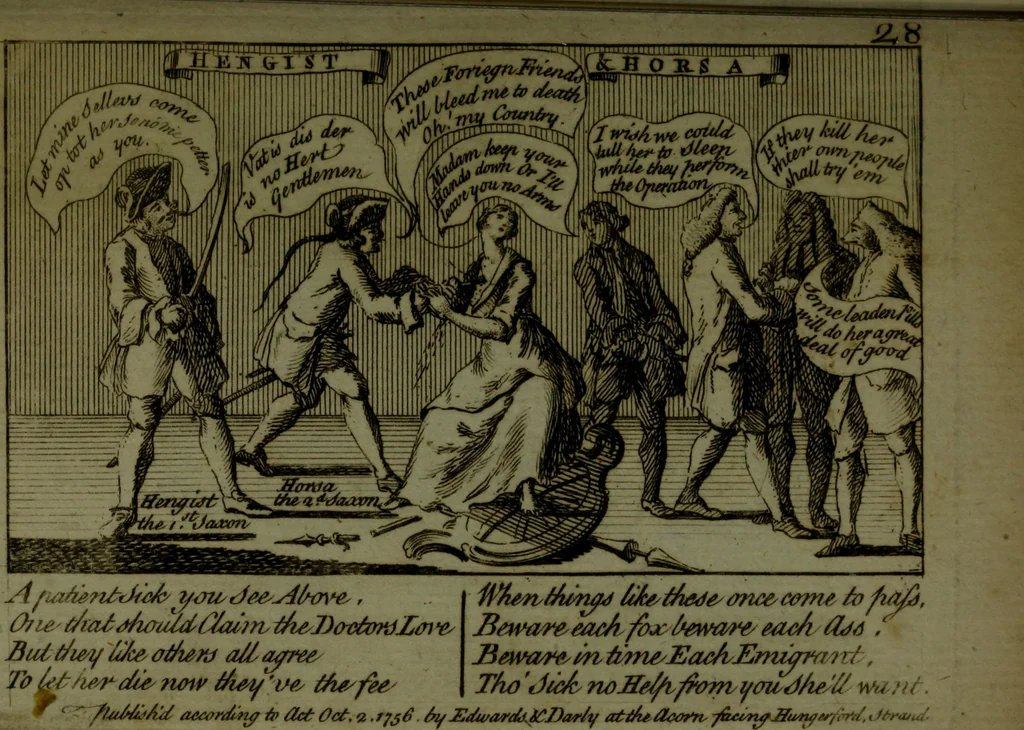 An illustration from A political and satirical history of the years 1756 and 1757 : in a series of seventy-five humorous and entertaining prints, containing all the most remarkable transactions, characters and caricaturas of those two memorable years, to which is annexed, an explanatory account or key to every print, which renders the whole full and significant, 1758, leaf 78