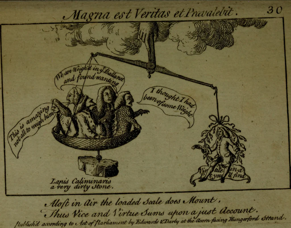 An illustration from A political and satirical history of the years 1756 and 1757 : in a series of seventy-five humorous and entertaining prints, containing all the most remarkable transactions, characters and caricaturas of those two memorable years, to which is annexed, an explanatory account or key to every print, which renders the whole full and significant, 1758, leaf 82