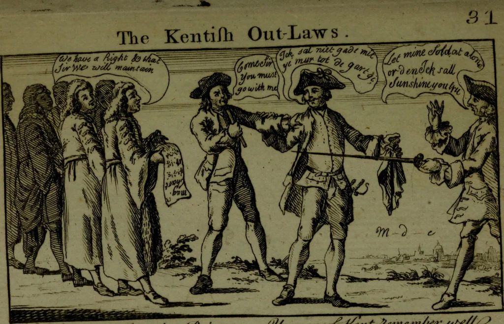 An illustration from A political and satirical history of the years 1756 and 1757 : in a series of seventy-five humorous and entertaining prints, containing all the most remarkable transactions, characters and caricaturas of those two memorable years, to which is annexed, an explanatory account or key to every print, which renders the whole full and significant, 1758, leaf 84