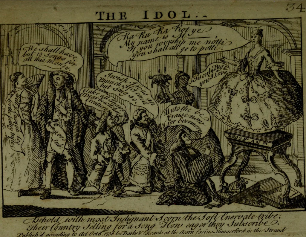 An illustration from A political and satirical history of the years 1756 and 1757 : in a series of seventy-five humorous and entertaining prints, containing all the most remarkable transactions, characters and caricaturas of those two memorable years, to which is annexed, an explanatory account or key to every print, which renders the whole full and significant, 1758, leaf 90