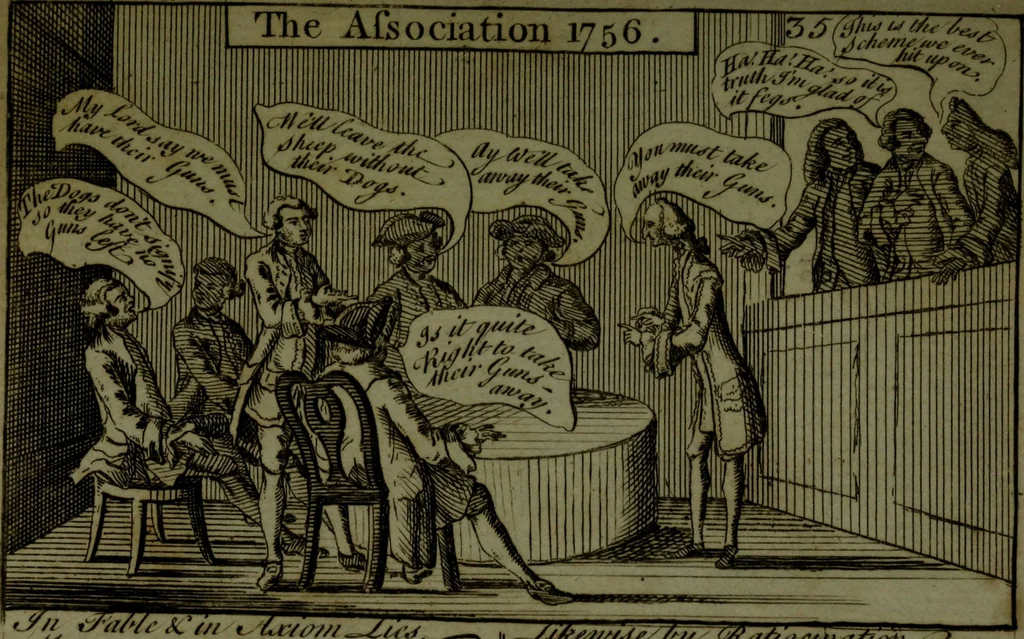 An illustration from A political and satirical history of the years 1756 and 1757 : in a series of seventy-five humorous and entertaining prints, containing all the most remarkable transactions, characters and caricaturas of those two memorable years, to which is annexed, an explanatory account or key to every print, which renders the whole full and significant, 1758, leaf 92