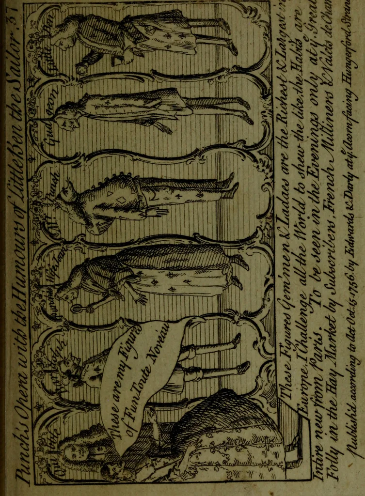 An illustration from A political and satirical history of the years 1756 and 1757 : in a series of seventy-five humorous and entertaining prints, containing all the most remarkable transactions, characters and caricaturas of those two memorable years, to which is annexed, an explanatory account or key to every print, which renders the whole full and significant, 1758, leaf 96