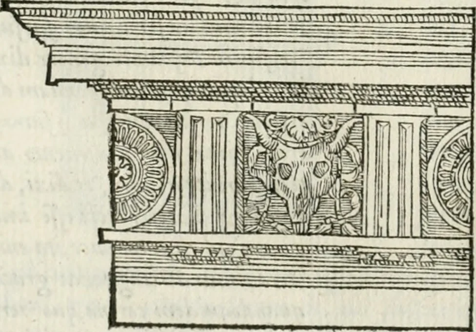 An illustration from M. Vitrvvii Pollionis De architectvra libri decem ad Caesarem Avgvstvm : omnibus omnium editionibus longè emendatiores, collatis veteribus exemplis : accesservnt Gulielmi Philandri Castilionii, ciuis Romani, annotationes castigatiores, & plus tertia parte locupletiores : adiecta est Epitome in omnes Georgij Agricolae De mensuris & ponderibus libros, eodem avtore : cum Graeco pariter & Latino indice locupletissimo, 1552, leaf 117