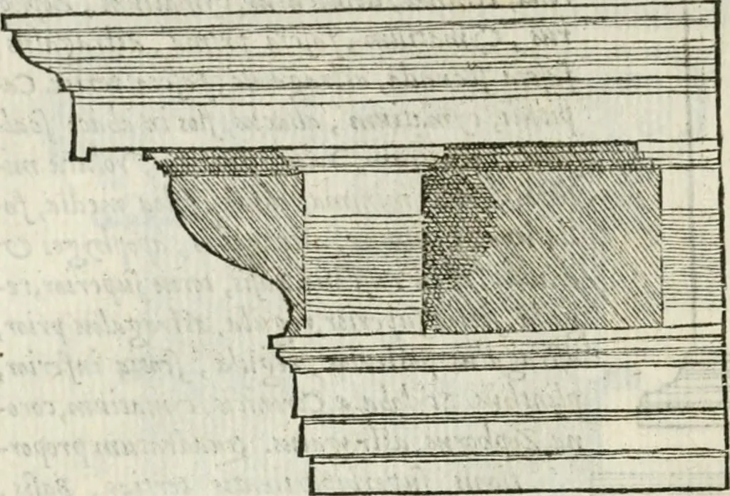 An illustration from M. Vitrvvii Pollionis De architectvra libri decem ad Caesarem Avgvstvm : omnibus omnium editionibus longè emendatiores, collatis veteribus exemplis : accesservnt Gulielmi Philandri Castilionii, ciuis Romani, annotationes castigatiores, & plus tertia parte locupletiores : adiecta est Epitome in omnes Georgij Agricolae De mensuris & ponderibus libros, eodem avtore : cum Graeco pariter & Latino indice locupletissimo, 1552, leaf 127