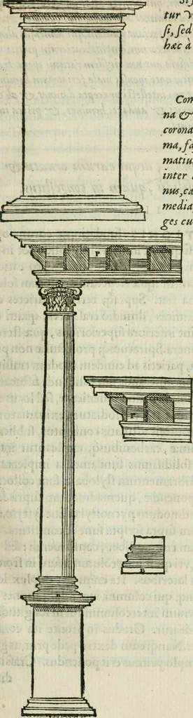 An illustration from M. Vitrvvii Pollionis De architectvra libri decem ad Caesarem Avgvstvm : omnibus omnium editionibus longè emendatiores, collatis veteribus exemplis : accesservnt Gulielmi Philandri Castilionii, ciuis Romani, annotationes castigatiores, & plus tertia parte locupletiores : adiecta est Epitome in omnes Georgij Agricolae De mensuris & ponderibus libros, eodem avtore : cum Graeco pariter & Latino indice locupletissimo, 1552, leaf 128