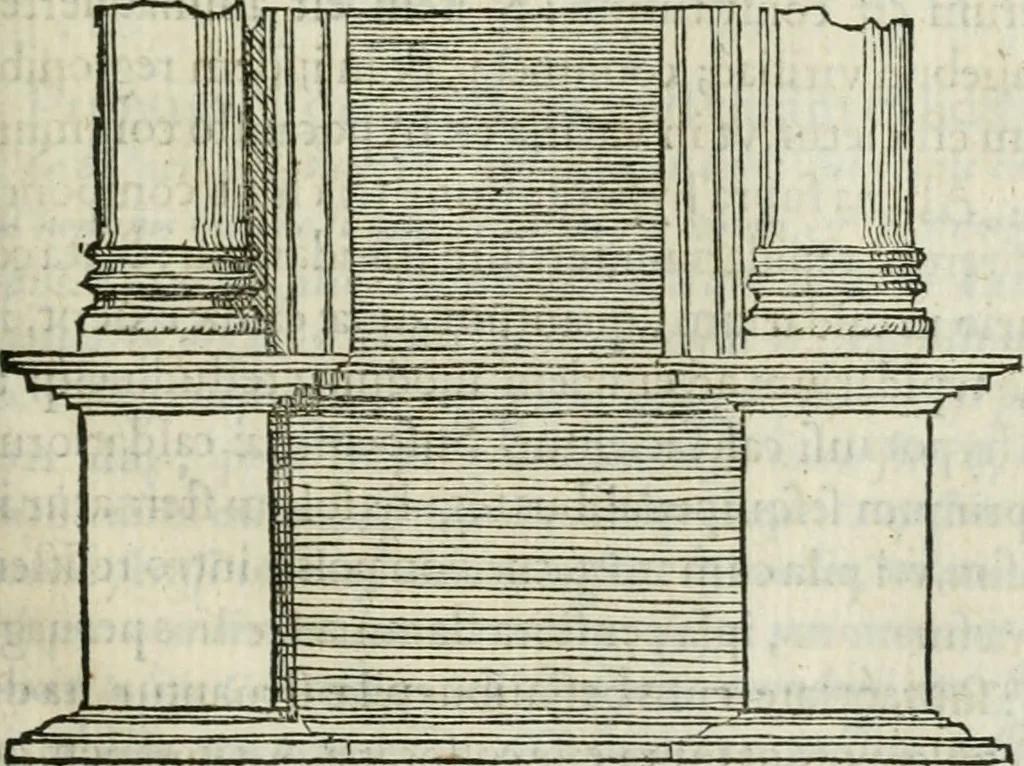 An illustration from M. Vitrvvii Pollionis De architectvra libri decem ad Caesarem Avgvstvm : omnibus omnium editionibus longè emendatiores, collatis veteribus exemplis : accesservnt Gulielmi Philandri Castilionii, ciuis Romani, annotationes castigatiores, & plus tertia parte locupletiores : adiecta est Epitome in omnes Georgij Agricolae De mensuris & ponderibus libros, eodem avtore : cum Graeco pariter & Latino indice locupletissimo, 1552, leaf 222