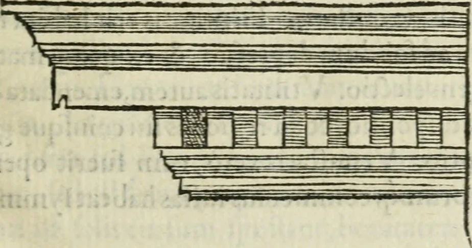 An illustration from M. Vitrvvii Pollionis De architectvra libri decem ad Caesarem Avgvstvm : omnibus omnium editionibus longè emendatiores, collatis veteribus exemplis : accesservnt Gulielmi Philandri Castilionii, ciuis Romani, annotationes castigatiores, & plus tertia parte locupletiores : adiecta est Epitome in omnes Georgij Agricolae De mensuris & ponderibus libros, eodem avtore : cum Graeco pariter & Latino indice locupletissimo, 1552, leaf 34