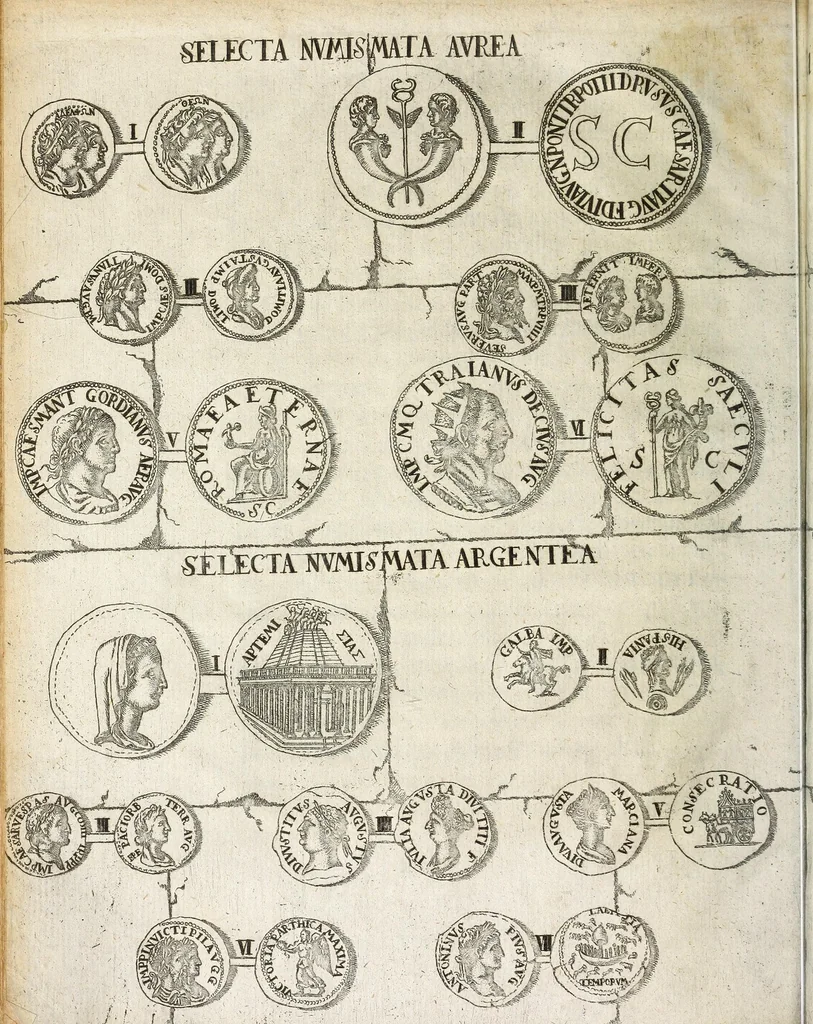 An illustration from Polycarpi TenzelI Selecta numismata aurea argentea et aerea maximi moduli, ex nummophylacio illustrissimi comitis AntonI Guntheri, S.R.I. quatuor-viri, comitis Schwarzburgi & Hohnsteinii, dynastae Arnstadii, Sondershusae, Leutenbergae, Lohrae, et Clettenbergae, &c, 1693, leaf 14