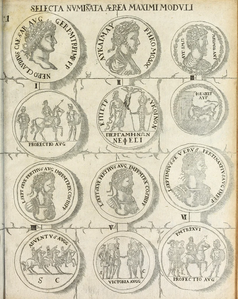 An illustration from Polycarpi TenzelI Selecta numismata aurea argentea et aerea maximi moduli, ex nummophylacio illustrissimi comitis AntonI Guntheri, S.R.I. quatuor-viri, comitis Schwarzburgi & Hohnsteinii, dynastae Arnstadii, Sondershusae, Leutenbergae, Lohrae, et Clettenbergae, &c, 1693, leaf 15