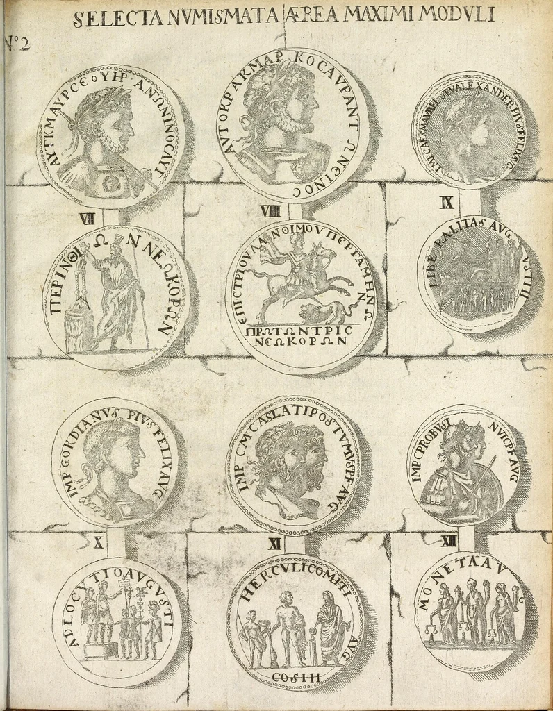 An illustration from Polycarpi TenzelI Selecta numismata aurea argentea et aerea maximi moduli, ex nummophylacio illustrissimi comitis AntonI Guntheri, S.R.I. quatuor-viri, comitis Schwarzburgi & Hohnsteinii, dynastae Arnstadii, Sondershusae, Leutenbergae, Lohrae, et Clettenbergae, &c, 1693, leaf 17