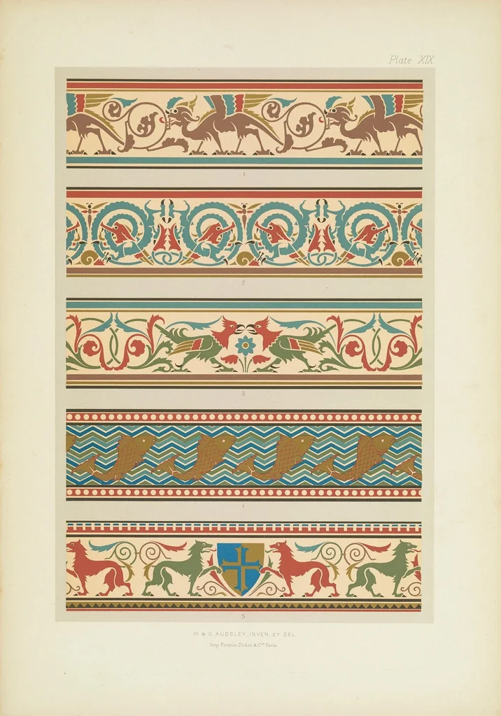 An illustration from Polychromatic decoration as applied to buildings in the mediæval styles. Thirty-six plates in colours and gold with introductory and descriptive text, 1882, leaf 115