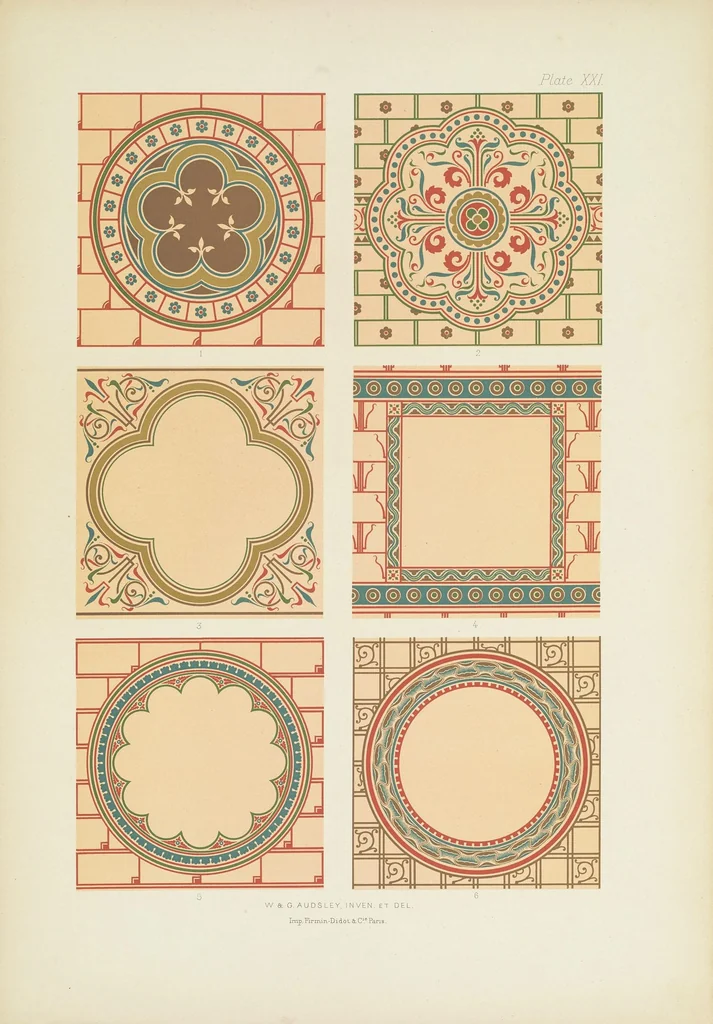 An illustration from Polychromatic decoration as applied to buildings in the mediæval styles. Thirty-six plates in colours and gold with introductory and descriptive text, 1882, leaf 123