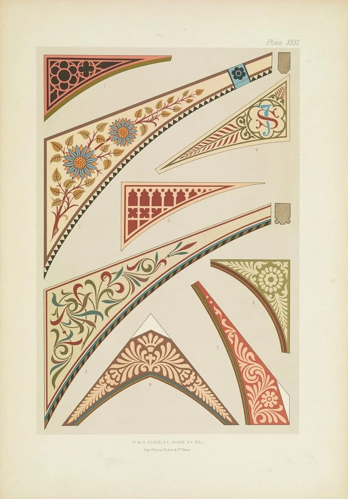 An illustration from Polychromatic decoration as applied to buildings in the mediæval styles. Thirty-six plates in colours and gold with introductory and descriptive text, 1882, leaf 161