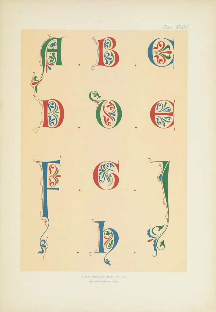 An illustration from Polychromatic decoration as applied to buildings in the mediæval styles. Thirty-six plates in colours and gold with introductory and descriptive text, 1882, leaf 169