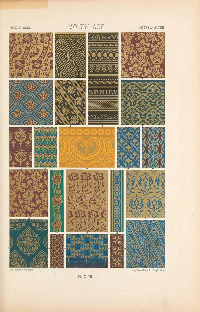 An illustration from Polychromatic ornament. One hundred plates in gold, silver, and colours, comprising upwards of two thousand specimens of the various styles of ancient, oriental, and mediæval art, and including therenaissance and the seventeenth and eigtheenth centuries, 1877, leaf 259