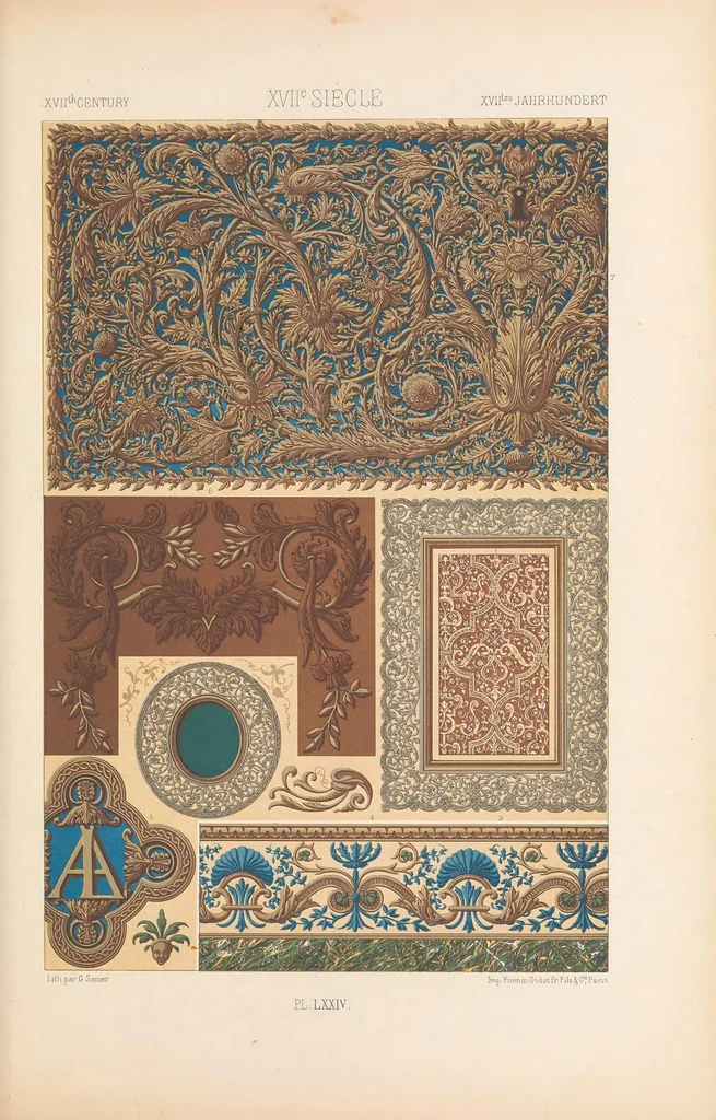 An illustration from Polychromatic ornament. One hundred plates in gold, silver, and colours, comprising upwards of two thousand specimens of the various styles of ancient, oriental, and mediæval art, and including therenaissance and the seventeenth and eigtheenth centuries, 1877, leaf 367