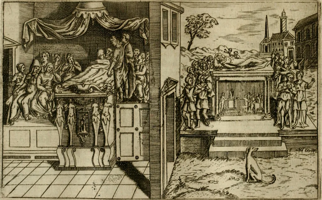 An illustration from Pompe funebri di tutte le nationi del mondo : raccolte dalle storie sagre et profane, 1646, leaf 91