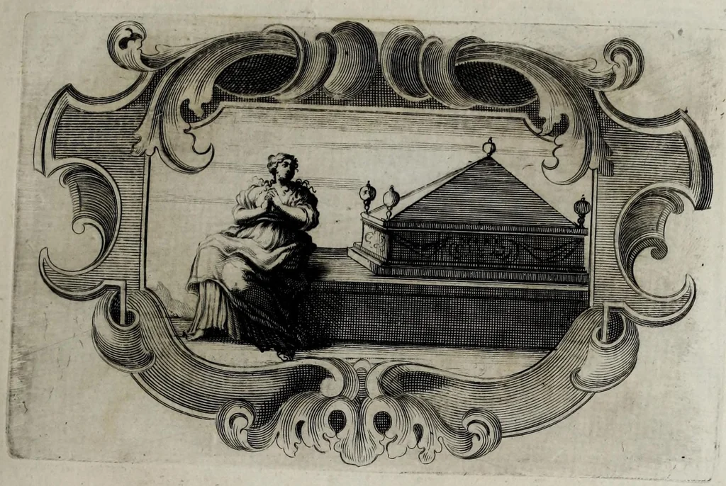 An illustration from Pompe funerali celebrate in Napoli per l'eccellentissima signora d. Caterina d'Aragona, e Sandovale, duchessa di Segorbia , Cardona, &c. : con l'aggiunta di altri componimenti intorno al medesimo soggetto : dedicate all'ecellentissimo suo figlio d. Luigi della Cerda, duca di Medina-Celi, &c., vicerè e capitan generale nel regno di Napoli, 1697, leaf 95