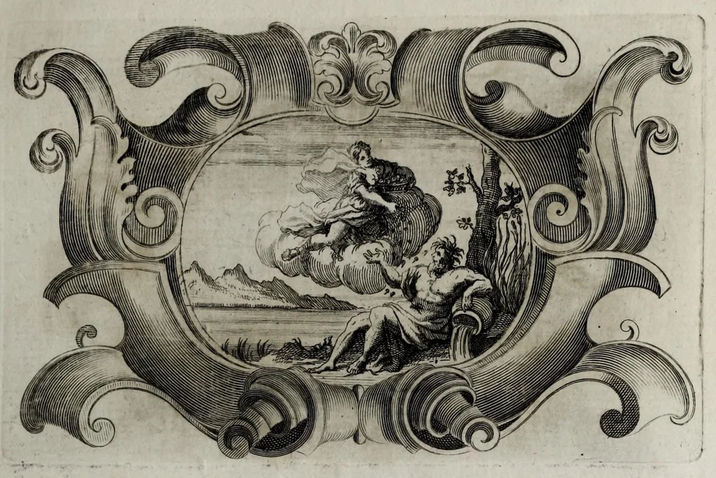 An illustration from Pompe funerali celebrate in Napoli per l'eccellentissima signora d. Caterina d'Aragona, e Sandovale, duchessa di Segorbia , Cardona, &c. : con l'aggiunta di altri componimenti intorno al medesimo soggetto : dedicate all'ecellentissimo suo figlio d. Luigi della Cerda, duca di Medina-Celi, &c., vicerè e capitan generale nel regno di Napoli, 1697, leaf 97