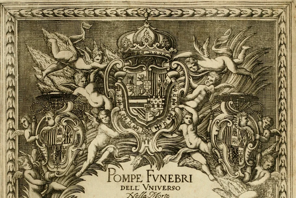 An illustration from Pompe fvnebri dell'vniverso : nella morte di Filippo qvarto il grande re delle Spagne, monarca cattolico, celebrate in Napoli alli XVIII. di febraro MDCLXVI dall'eminentissimo signore don Pascale Aragona ..., 1666, leaf 4